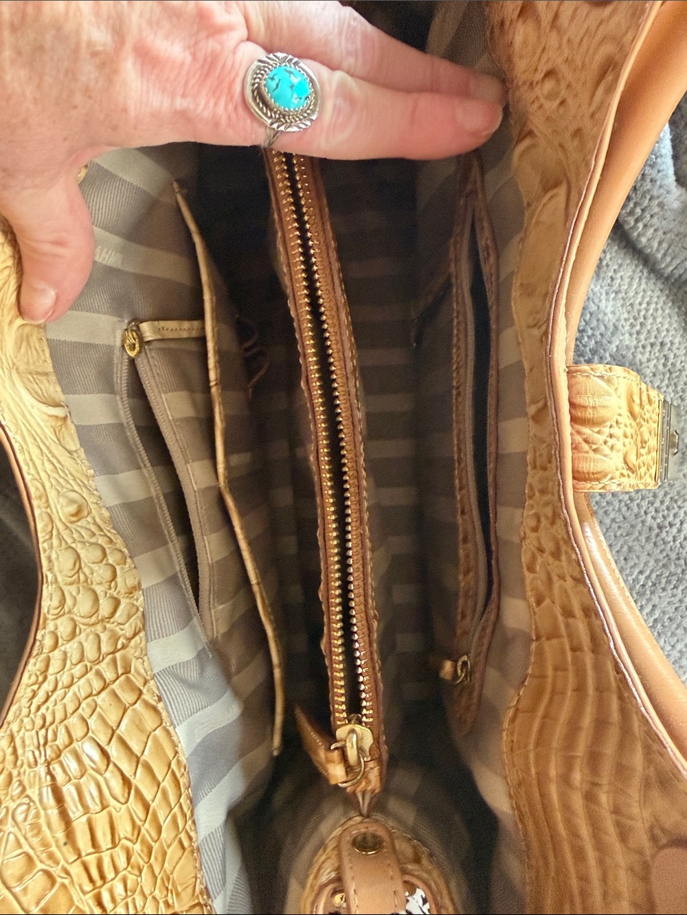 Brahmin Navy Croc-Embossed Tote with Tan Trim and Pink Accent - Picture 7 of 7